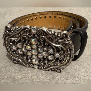 Women Accessories Rhinestone Scroll Buckle Black Leather Belt